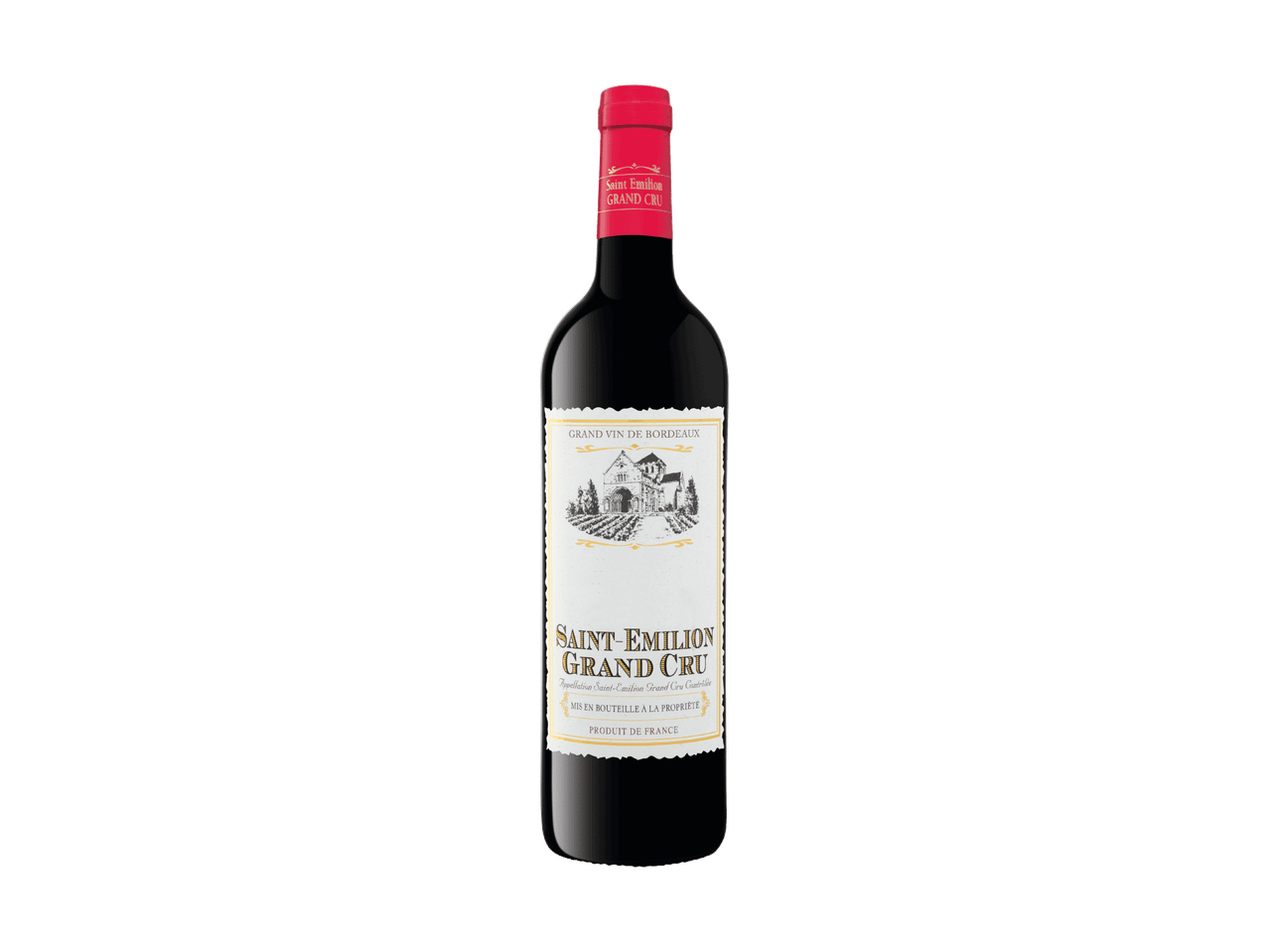 Flasche Rotwein Saint-Émilion Grand Cru mit illustriertem Etikett.