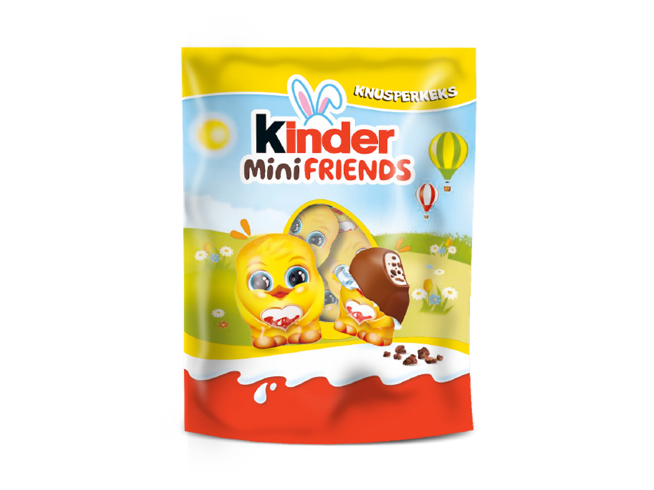Pakovanje mini keksa sa čokoladnim prelivom u obliku pilića, sa natpisom 'KNUSPERKEKS'.