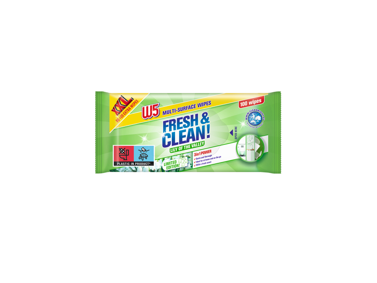 Toalhas multisuperfície W5 Fresh & Clean, aroma de lírio do vale (100 unidades).