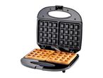 A black double waffle maker with two golden waffles inside.