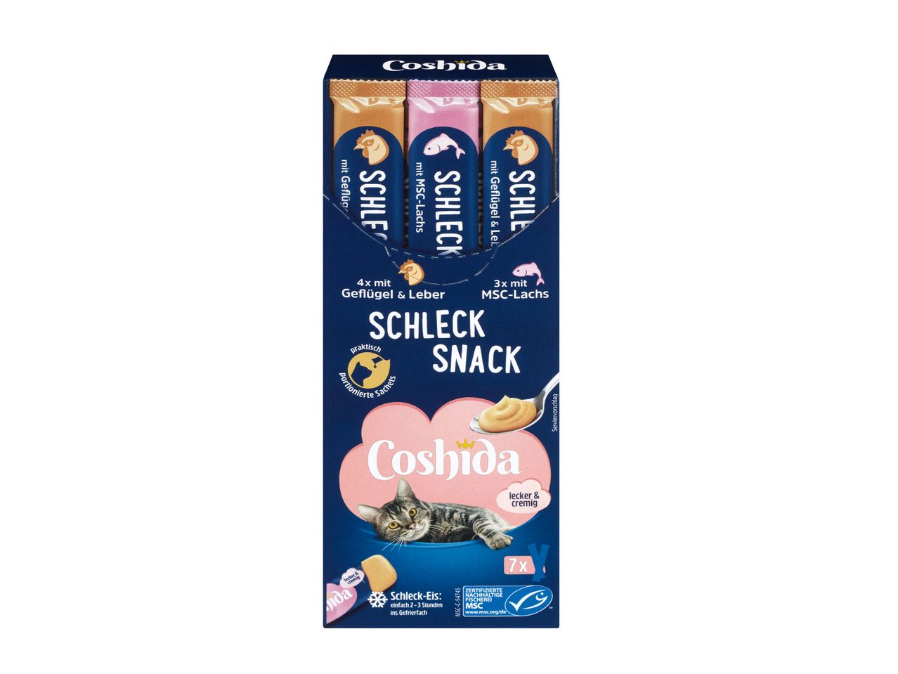 Coshida Schlec Snack Katzenfutter im 7er Pack mit Geflügel & Leber und MSC-Lachs.