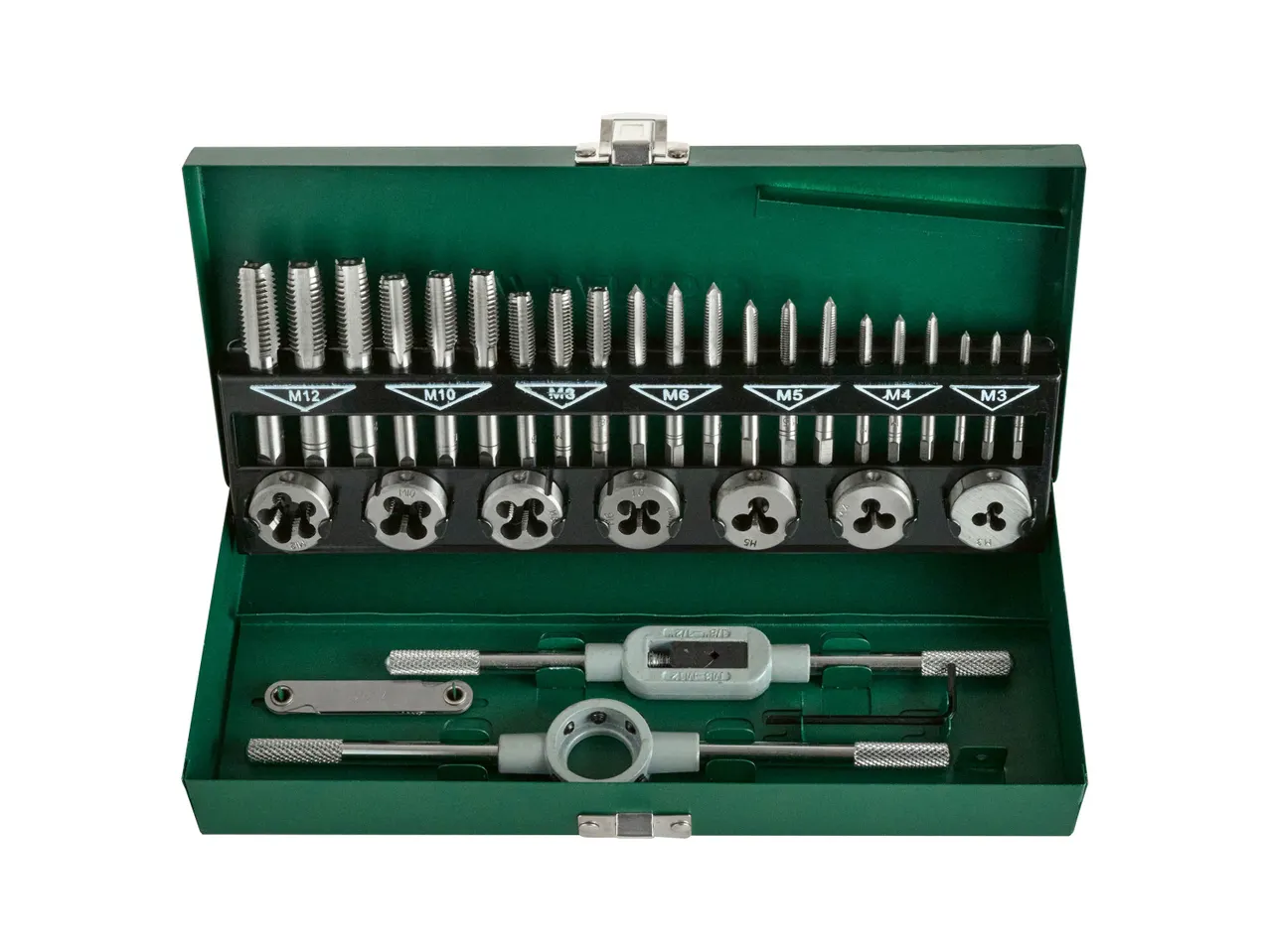 Un set di maschi e filiere in una scatola verde, con strumenti di varie dimensioni da M3 a M12.