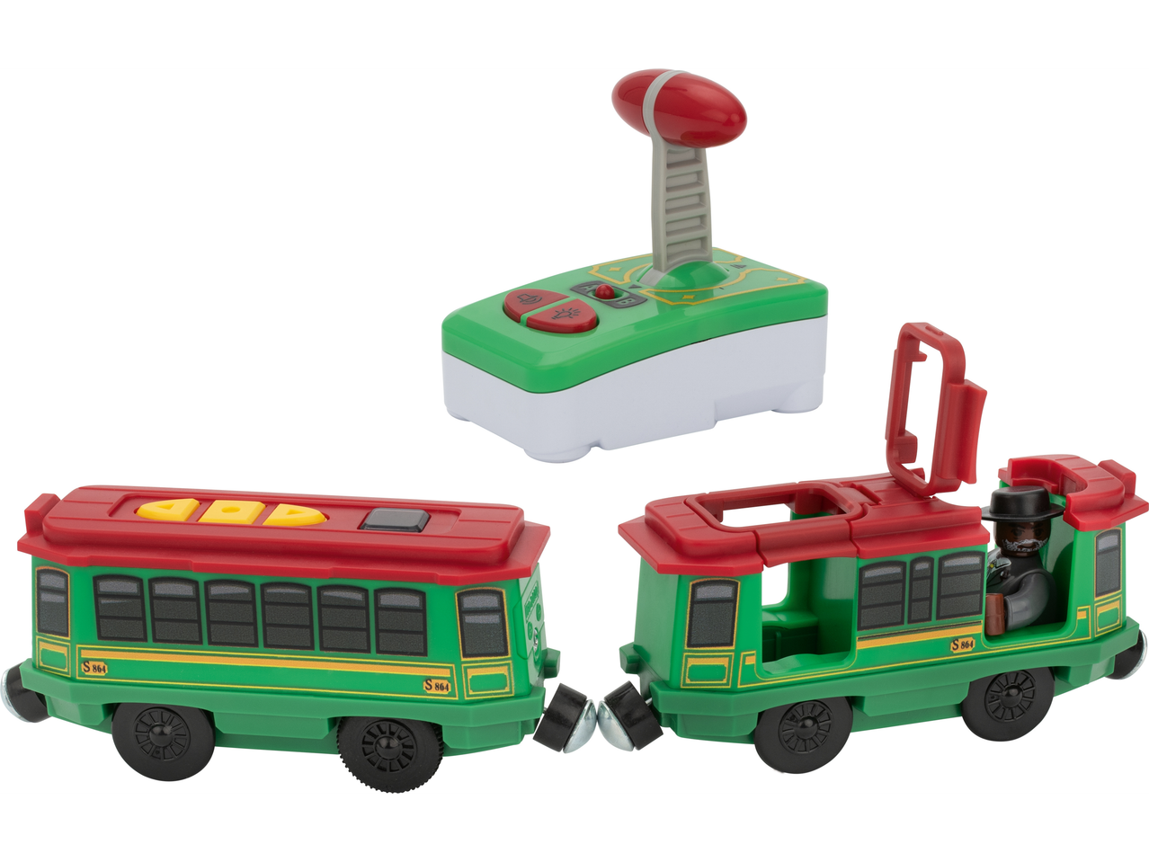 Lupilu Premium Remote Control Train/Tram with two green and red cars and a remote.