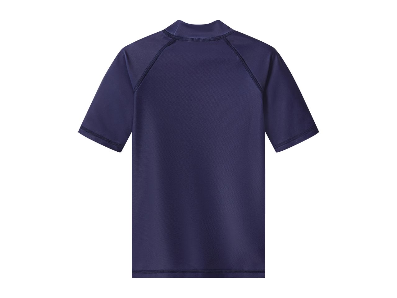 Dark blue short-sleeved rash guard with a high neck and visible stitching.