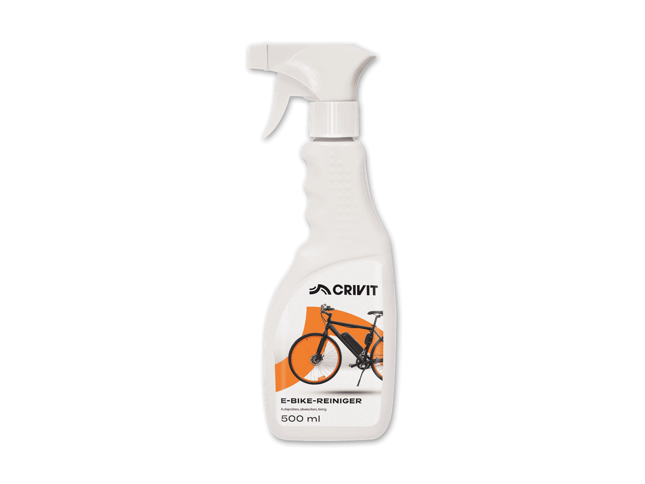 Weiße Sprühflasche mit E-Bike-Reiniger, 500 ml, mit orangefarbenem E-Bike-Motiv.