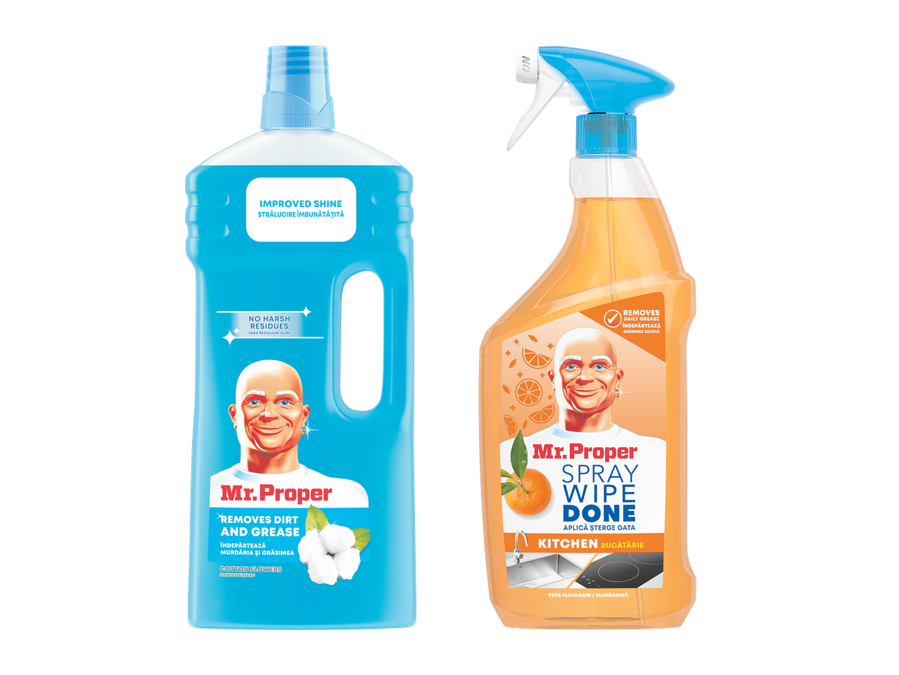 Două sticle de detergent, una albastră cu flori de bumbac și una portocalie cu mandarină.