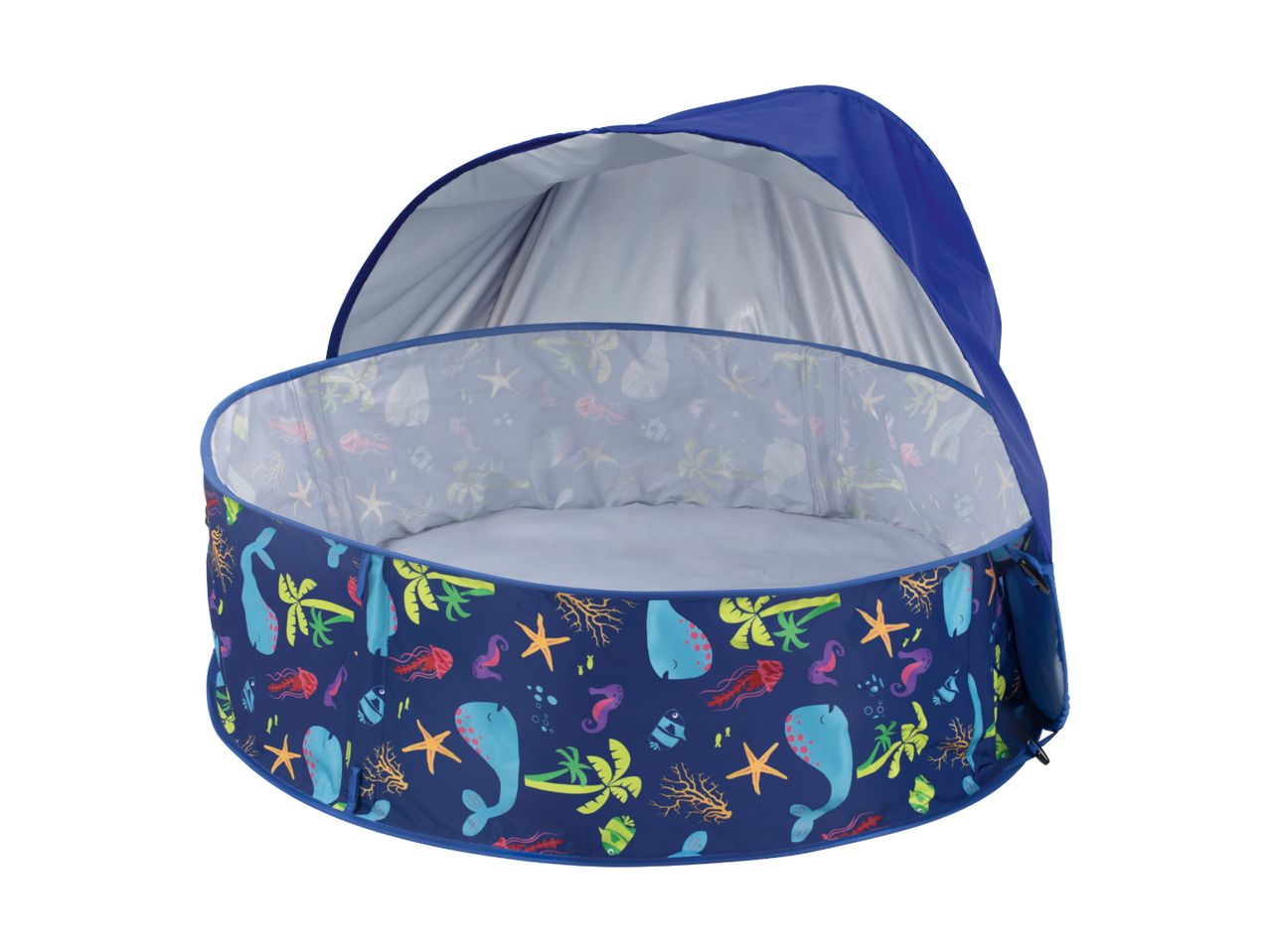 Blue baby pop-up pool with marine life and palm tree patterns.