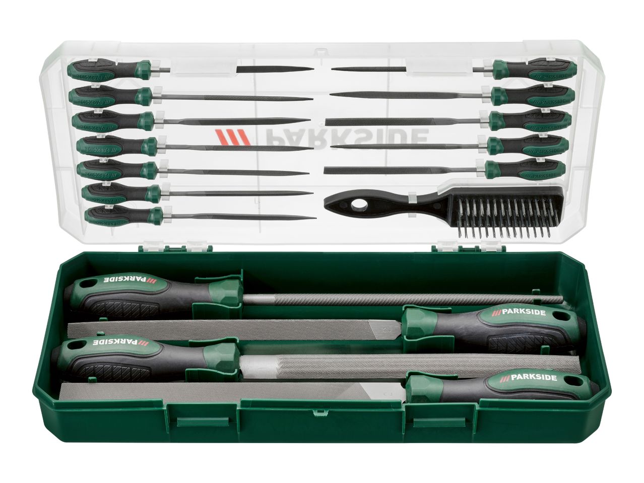 A set of files and rasps in a green and clear plastic case, including a cleaning brush.