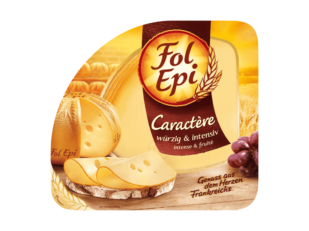 Fol Epi Caractère Käse mit Brot, Trauben und Weizen.