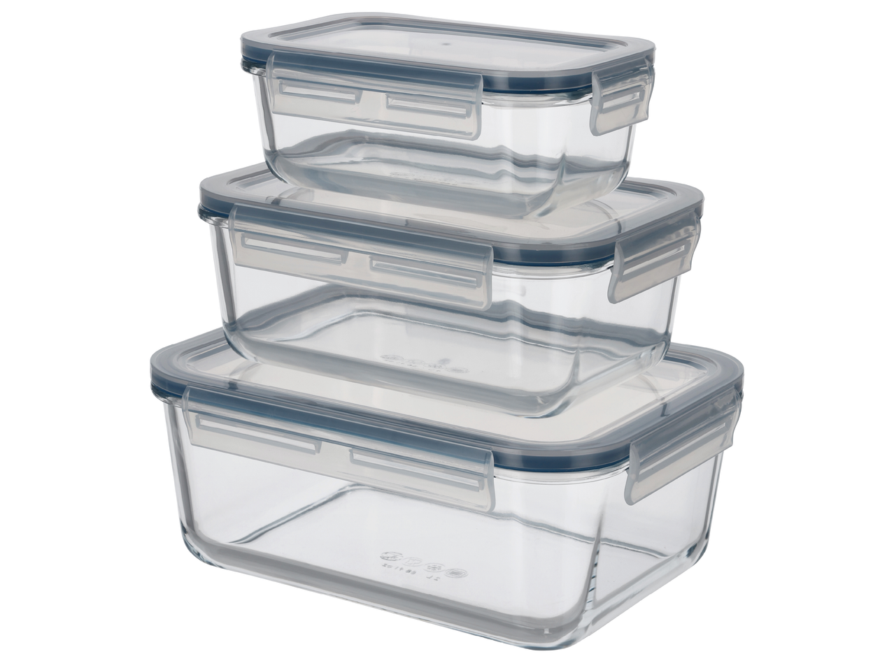 Комплект от три стъклени кутии за съхранение с прозрачни капаци и сини уплътнения