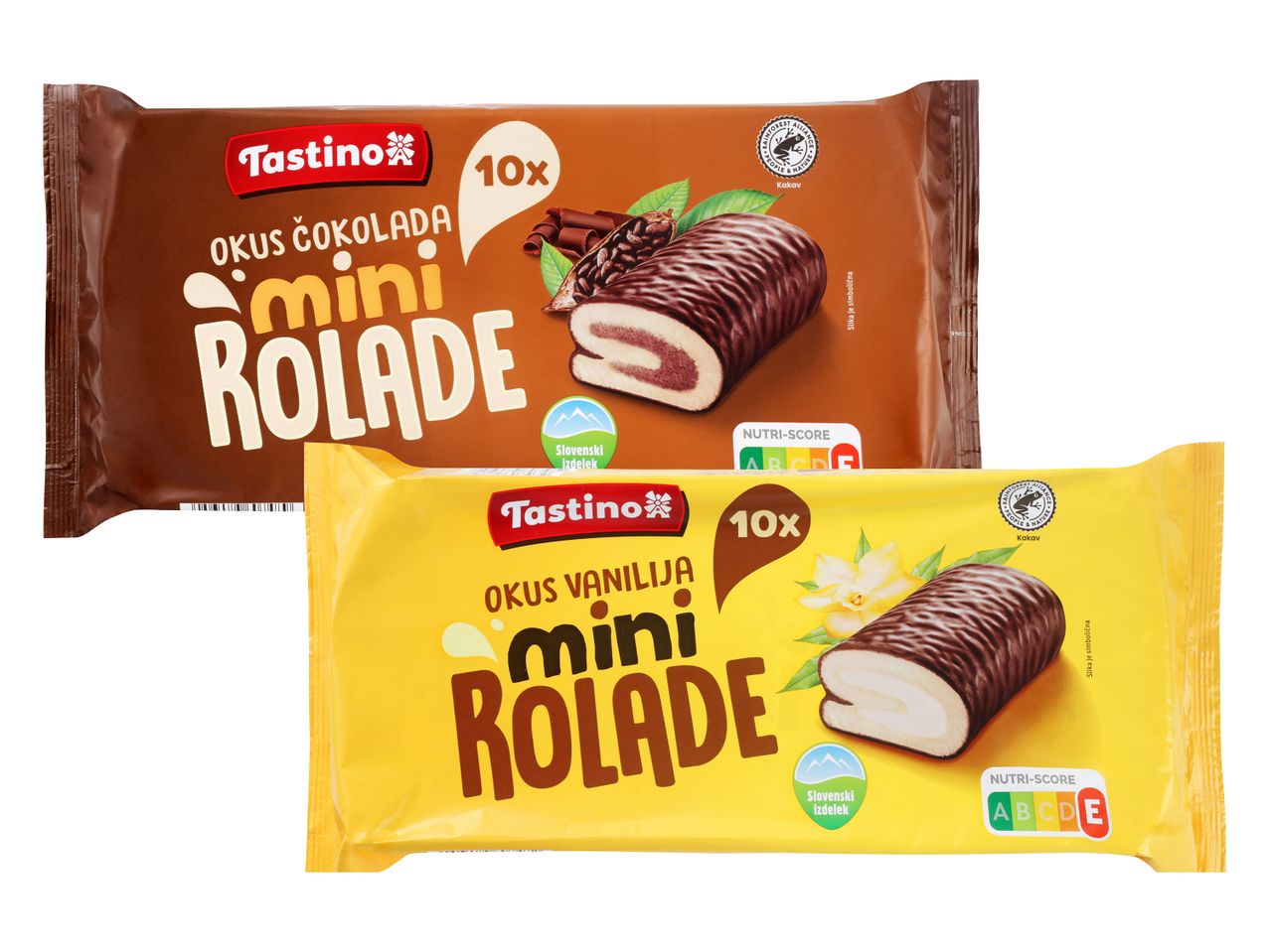 Dve embalaži mini rolad, čokoladna in vanilijeva, znamke Tušmarket.