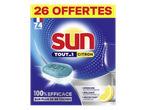 Paquet de tablettes pour lave-vaisselle au citron, 74 tablettes dont 26 offertes, 100% efficace sur plus de 99 taches.