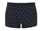 Men's navy boxer briefs with a white anchor pattern.