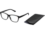 Black eyeglasses with colorful lenses and a black glasses case.