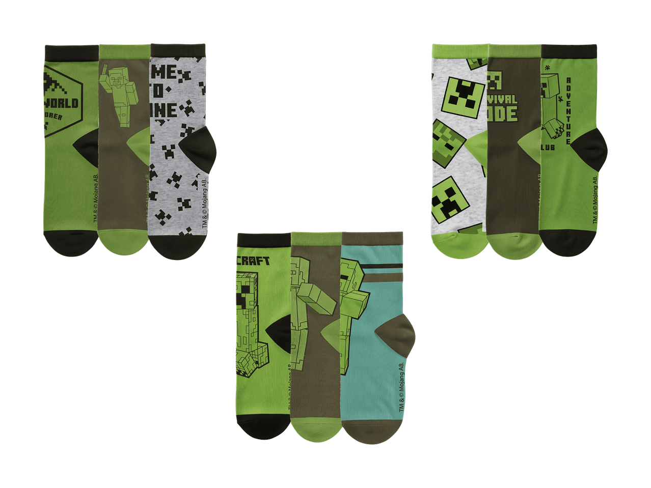 Neuf paires de chaussettes sur le thème du jeu vidéo en vert, gris et bleu avec des personnages et du texte.