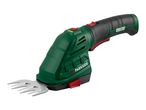 Cordless grass and shrub shears with a green and black body and red accents.