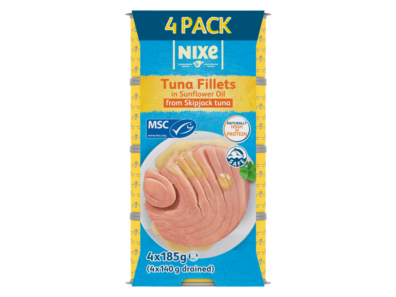 Pachet de 4 conserve de file de ton Nixe în ulei de floarea-soarelui, cu ton skipjack.