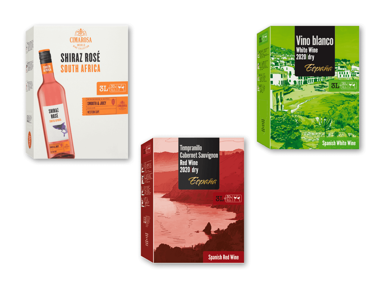 Tre bag-in-box vine: en Shiraz Rosé fra Sydafrika, en spansk hvidvin og en spansk rødvin.