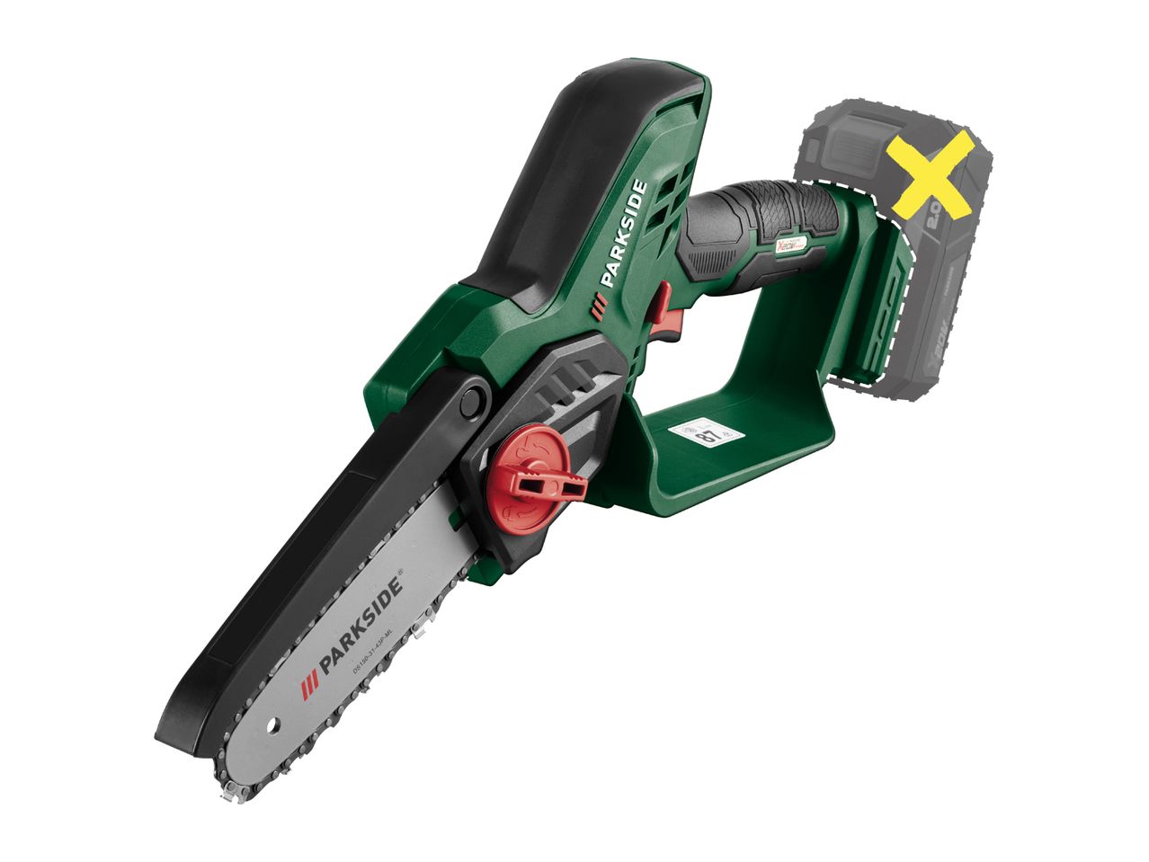 Cordless mini chainsaw with a guide bar and chain, shown without a battery.
