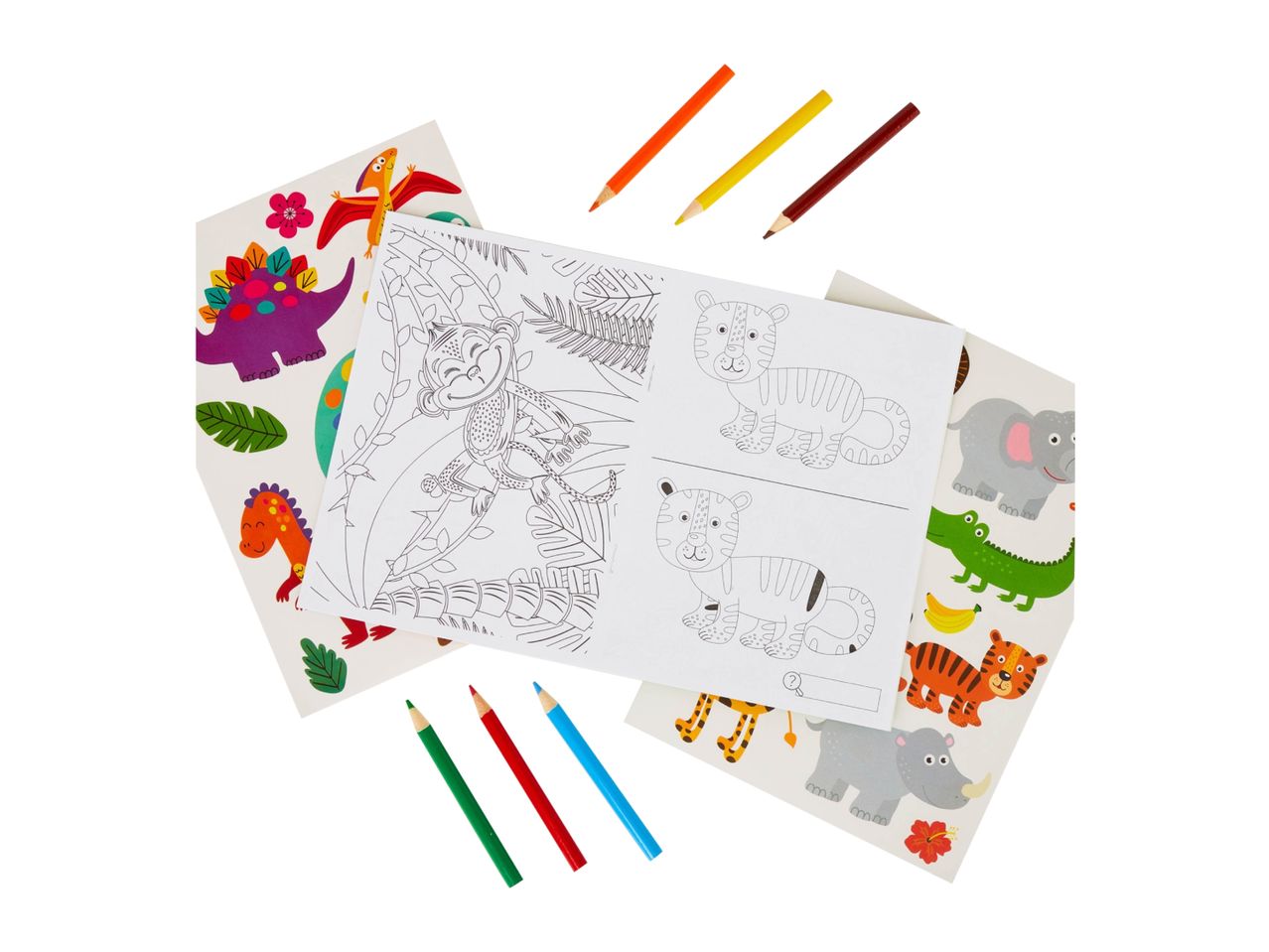 Colouring book with jungle animals, dinosaur stickers, and six coloured pencils.