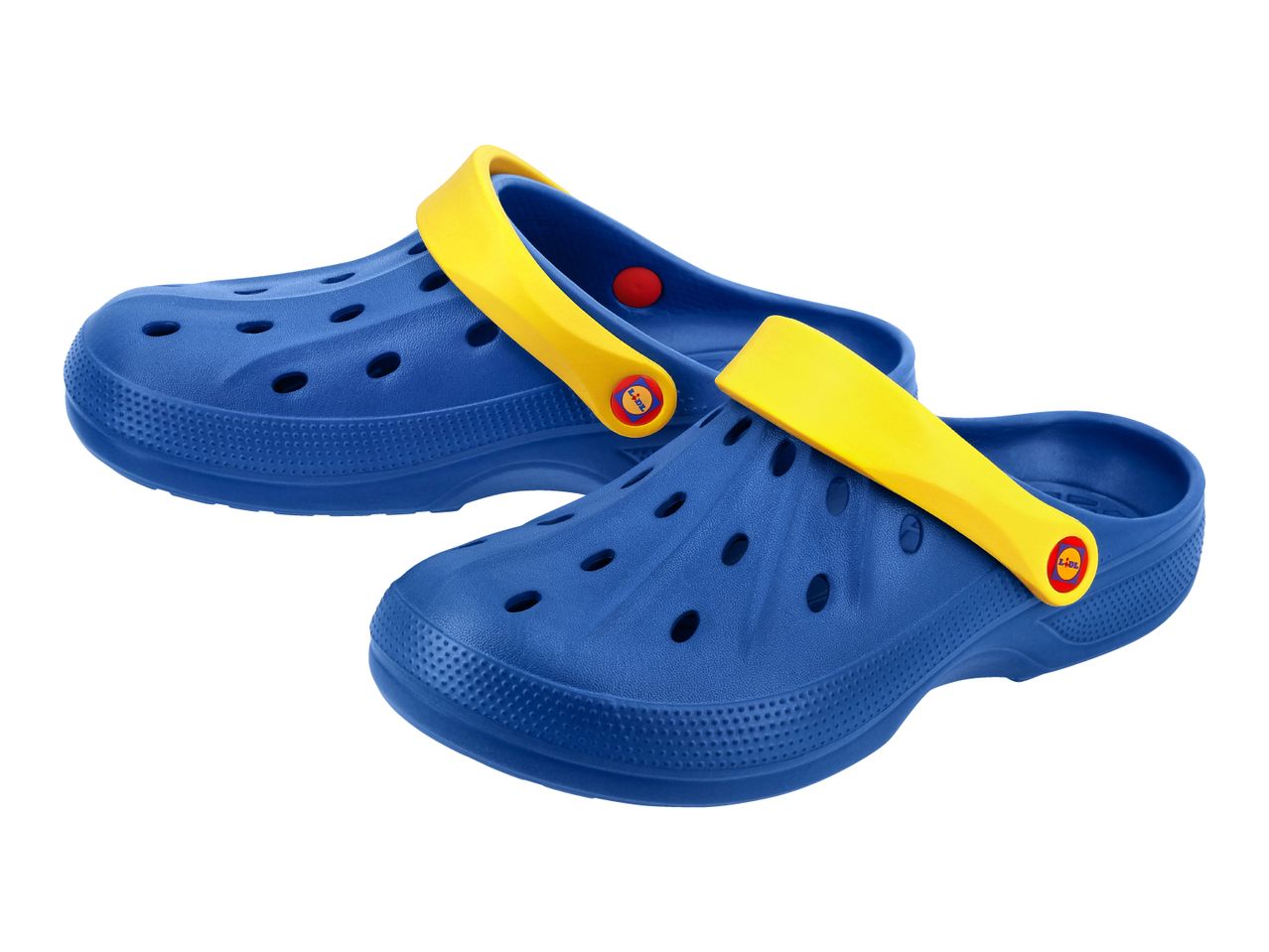 Pair of blue clogs with yellow straps and red buttons, featuring ventilation holes.
