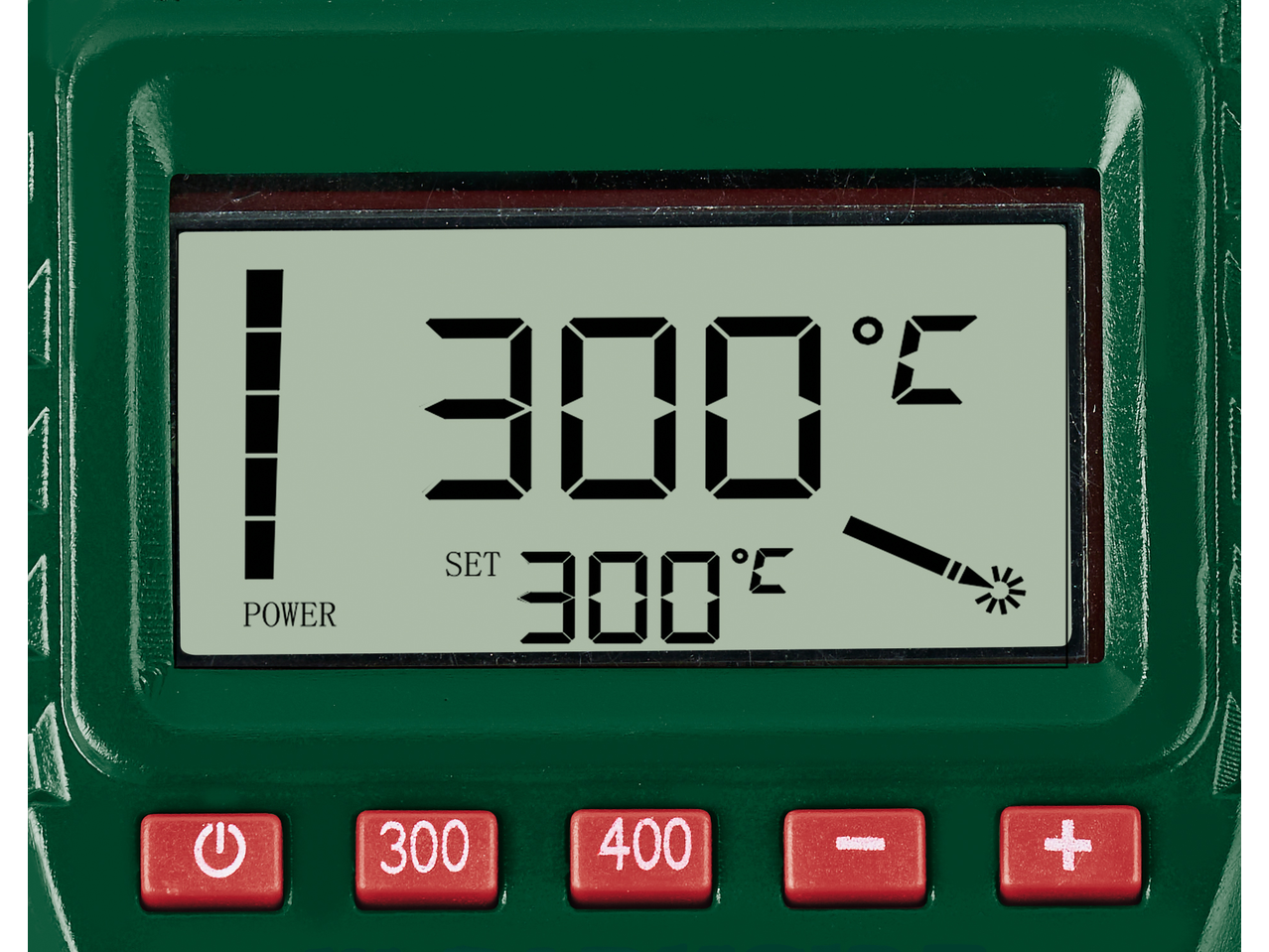 Afișaj digital PARKSIDE cu setare de temperatură de 300°C și indicator de putere.