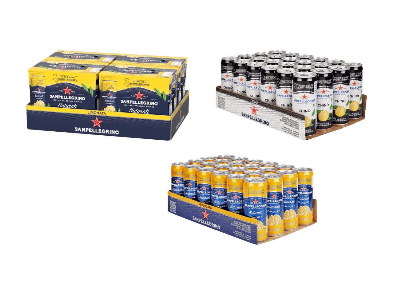 Italienische Sprudelgetränke mit Zitrone, Orange und Chinotto, in Packungen präsentiert.