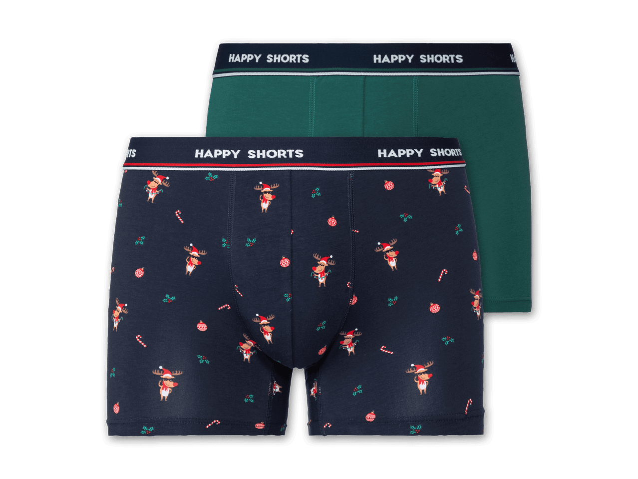 Zwei Boxershorts, eine dunkelblau mit Rentier-Muster, die andere grün, beide mit „HAPPY SHORTS“ Bund.