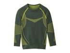 Dark green long-sleeved athletic shirt with bright green accents and textured patterns