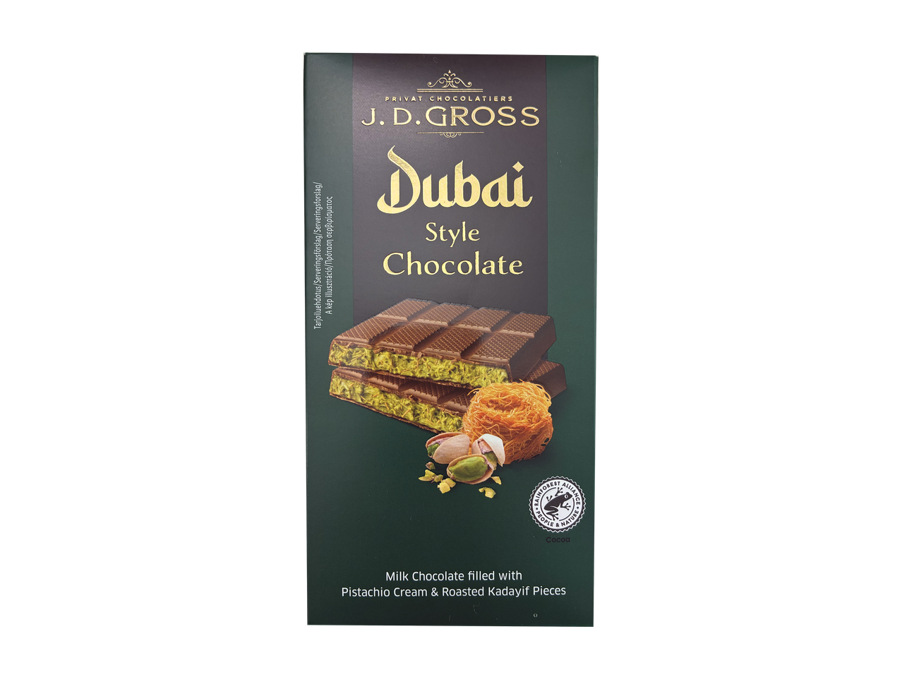 J.D. Grossin Dubai-tyyliset maitosuklaalevyt, täytetty pistasiikreemillä ja paahdetuilla kadayif-paloilla.