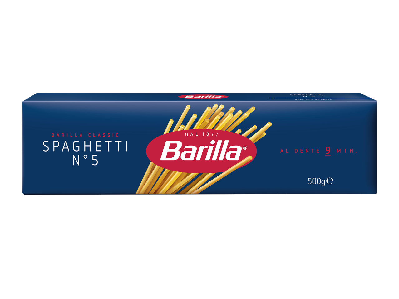 Blauwe verpakking spaghetti nummer 5 met kooktijd van 9 minuten en gewicht van 500g.