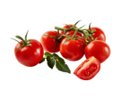 Fresh red vine tomatoes with a slice, on a white background.