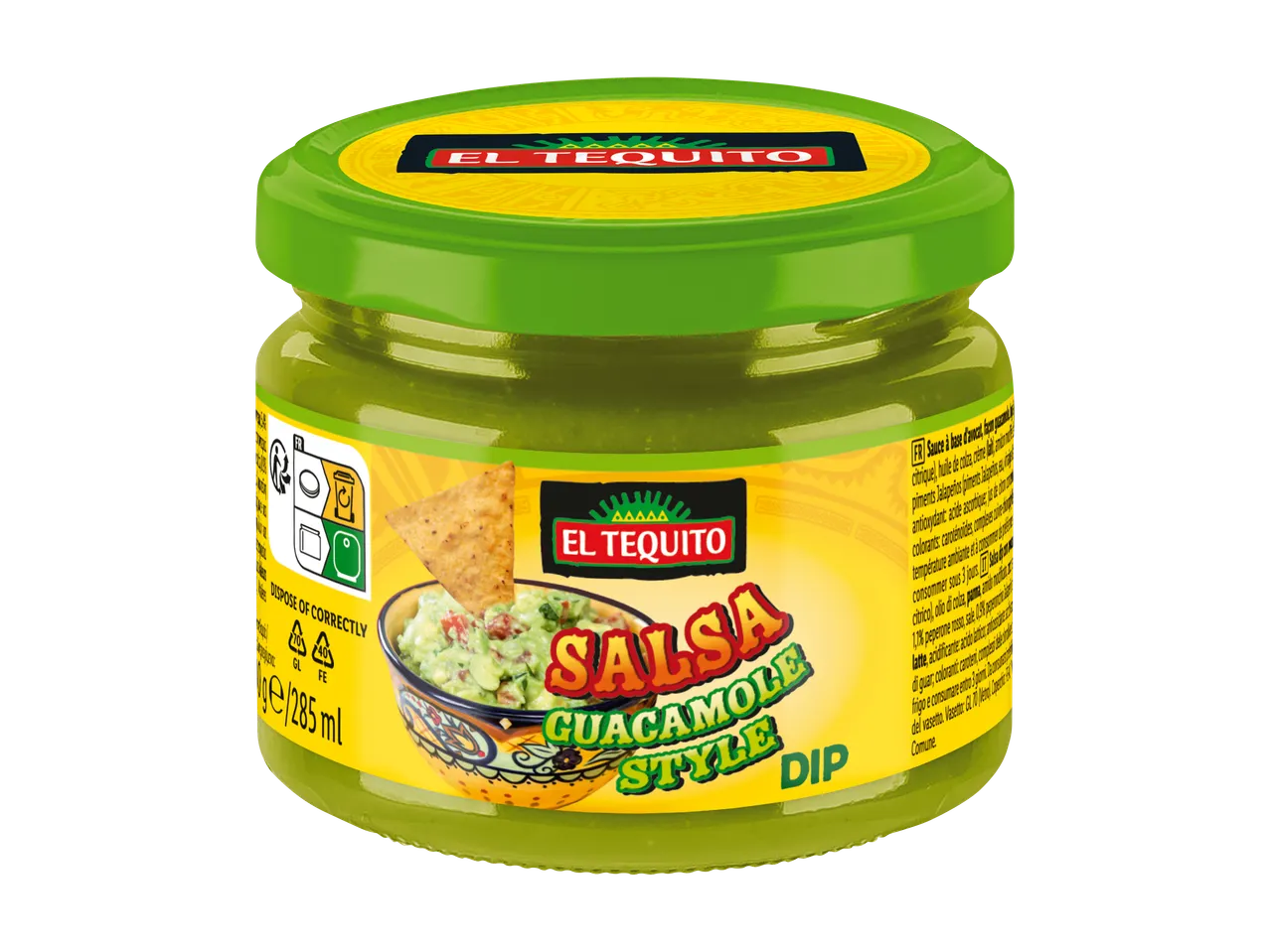 SNACK DAY Salsa Guacamole Style Dip dans un pot en verre avec le logo EL TEQUITO.