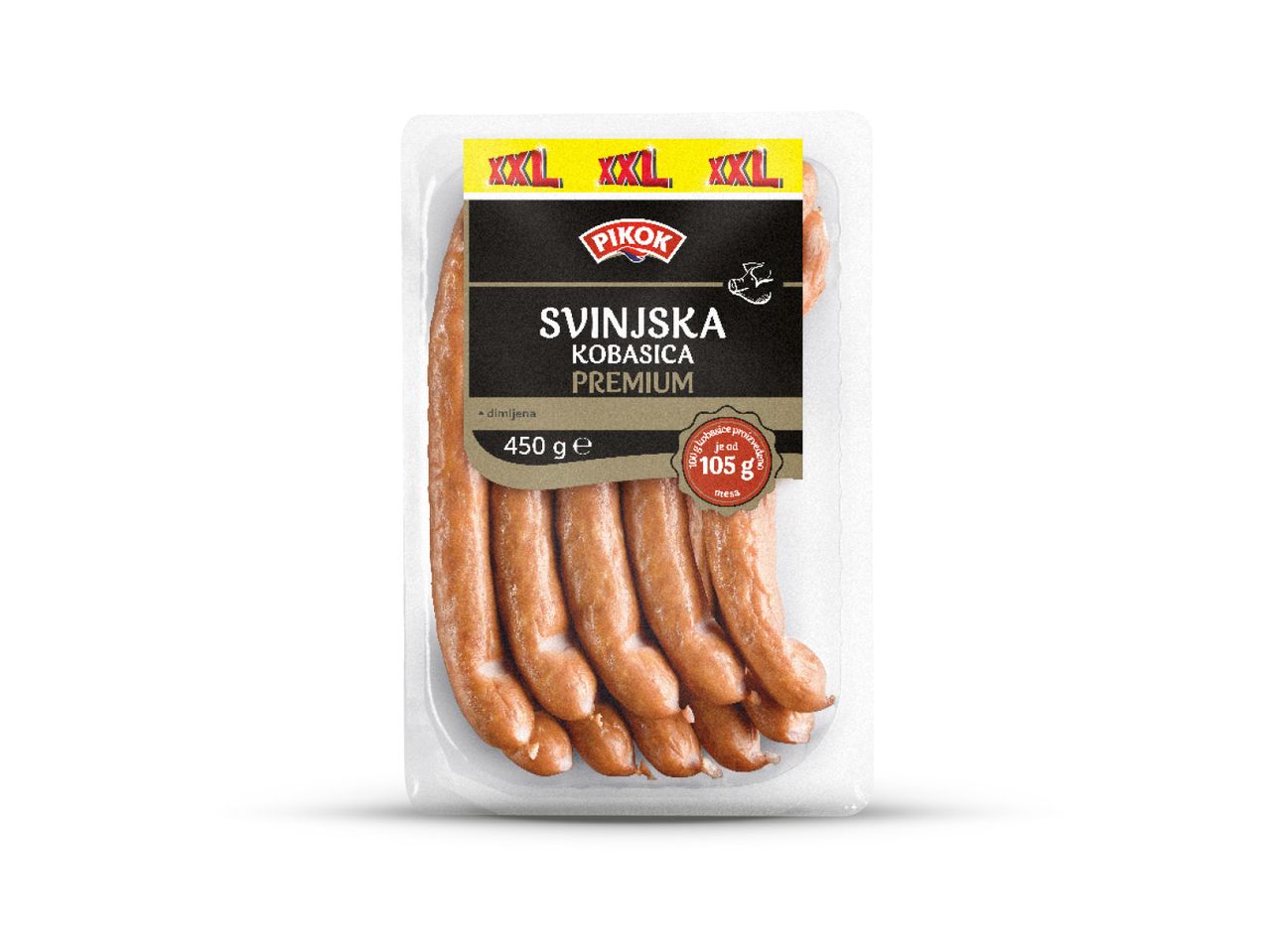 Pakiranje Pikok premium svinjskih kobasica XXL veličine (450g).