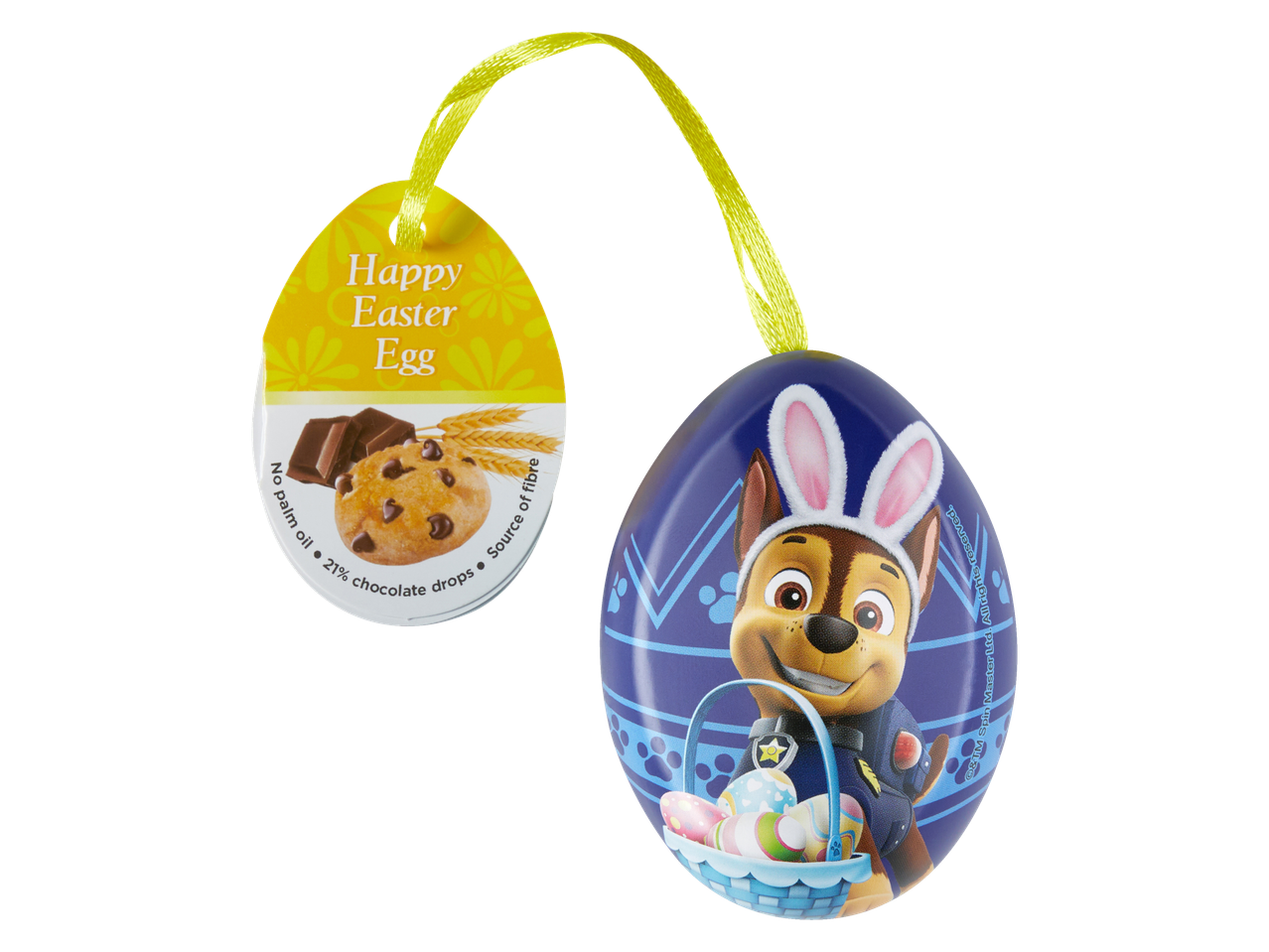 Метално великденско яйце в синьо с Чейс от Пес патрул и жълт етикет
