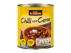 A yellow can of chilli con carne with a bowl of the dish, cooking instructions, and nutritional information.