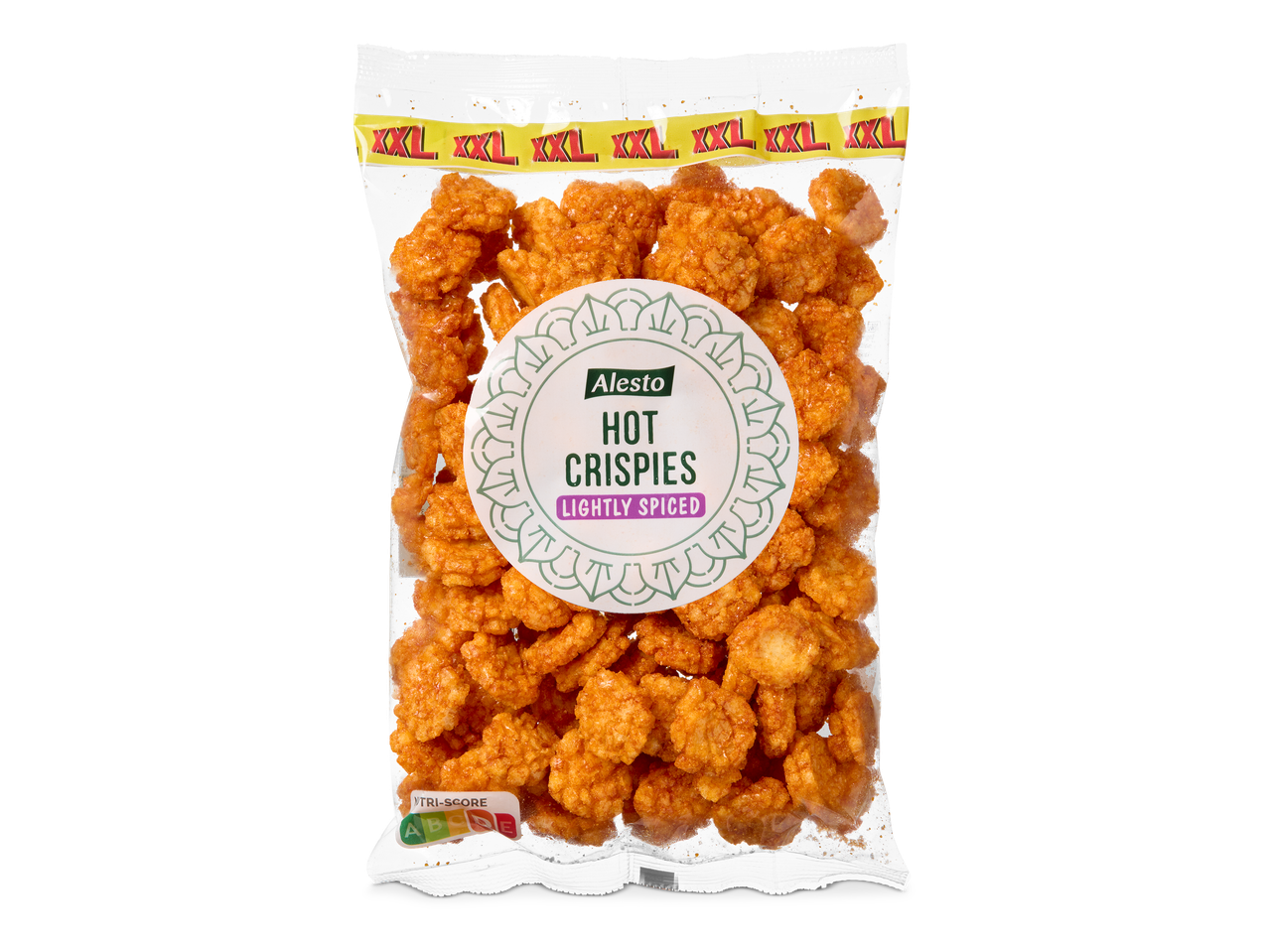 Een zak hete, licht gekruide krokante snacks met een Nutri-Score van A tot E.