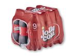En pakke med 9 Jolly Cola-flasker, hver på 33 cl, indpakket i rød folie.