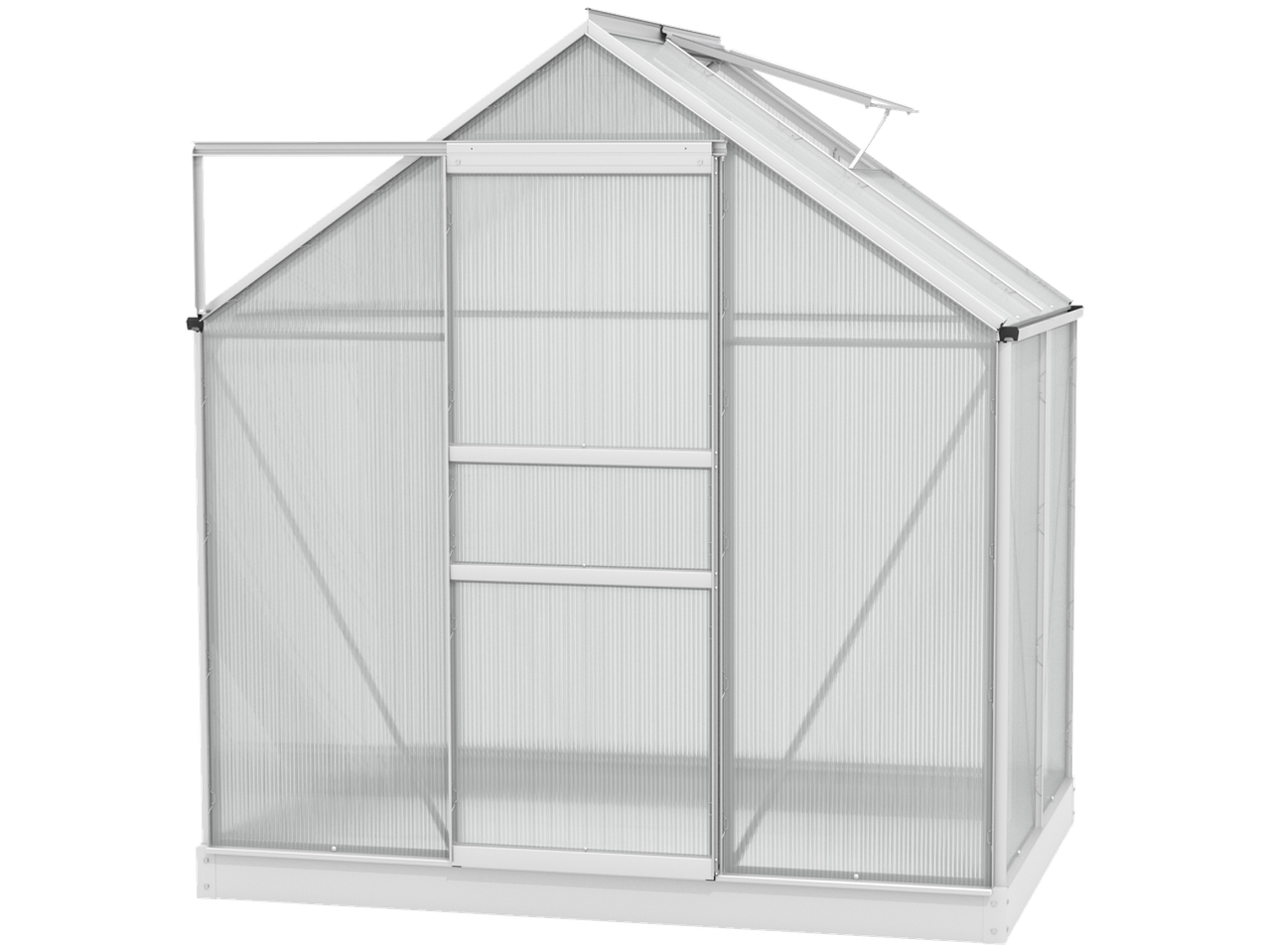 Vitavia Greenhouse with translucent walls and a roof vent, viewed from an angle.