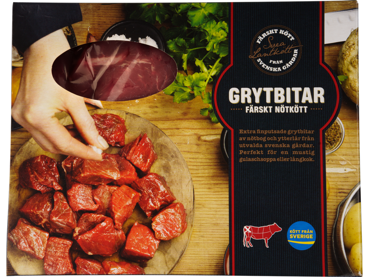 Gudruns Stockholmare grytbitar av nötkött med en hand som saltar köttet.