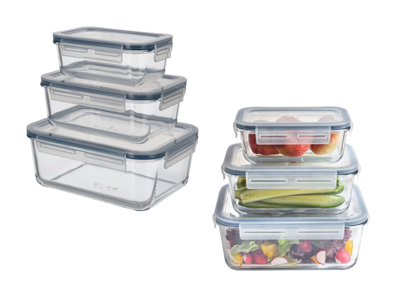 Stabelbare glasbeholdere med låg, nogle fyldt med frugt og grøntsager.