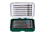 A set of screwdriver bits in a clear and green plastic case.