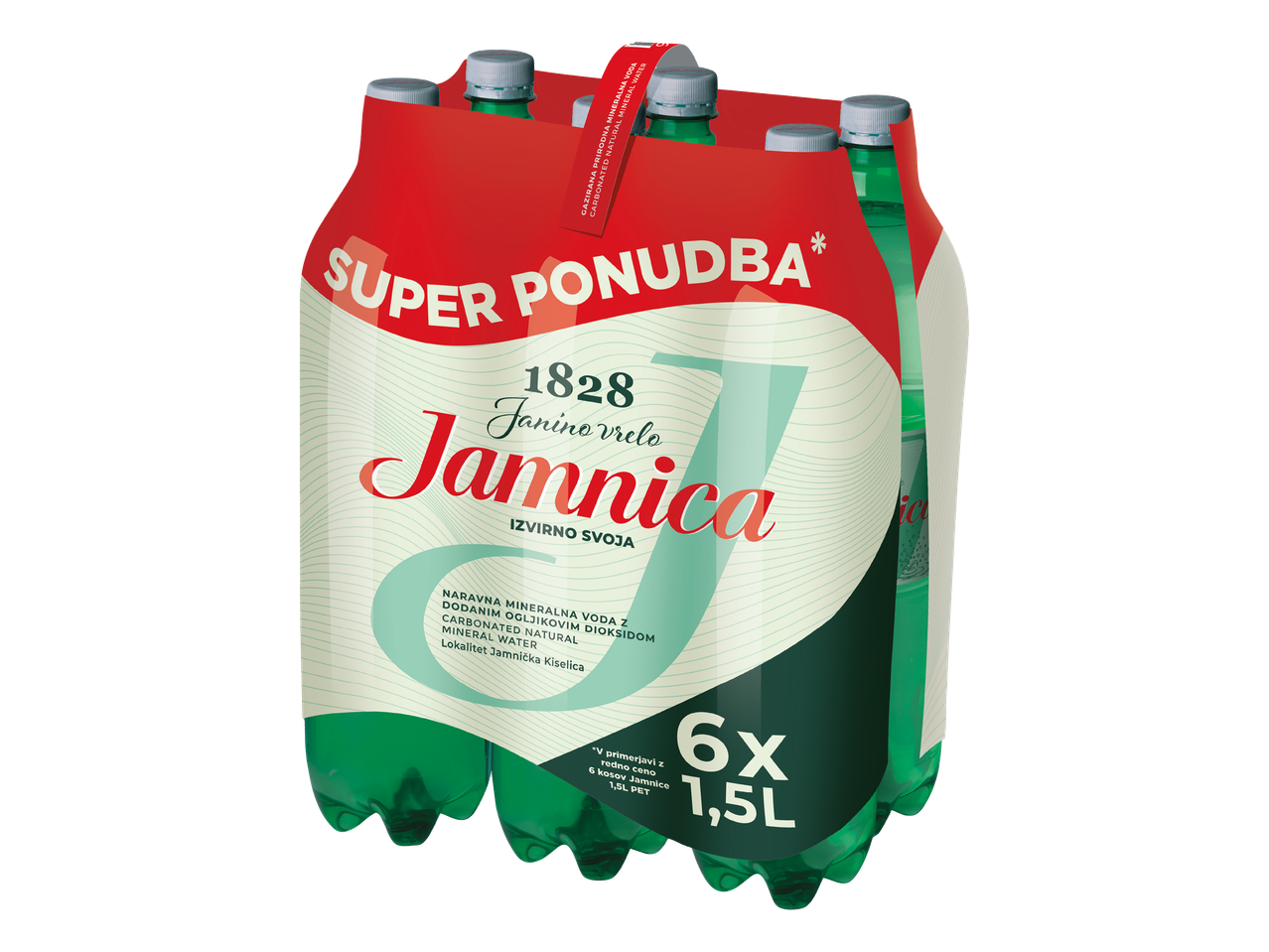 Paket šestih 1,5-litrskih steklenic gazirane naravne mineralne vode.