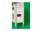 A toy kitchen with a sink, faucet, and a green trash can icon on a white and green background.