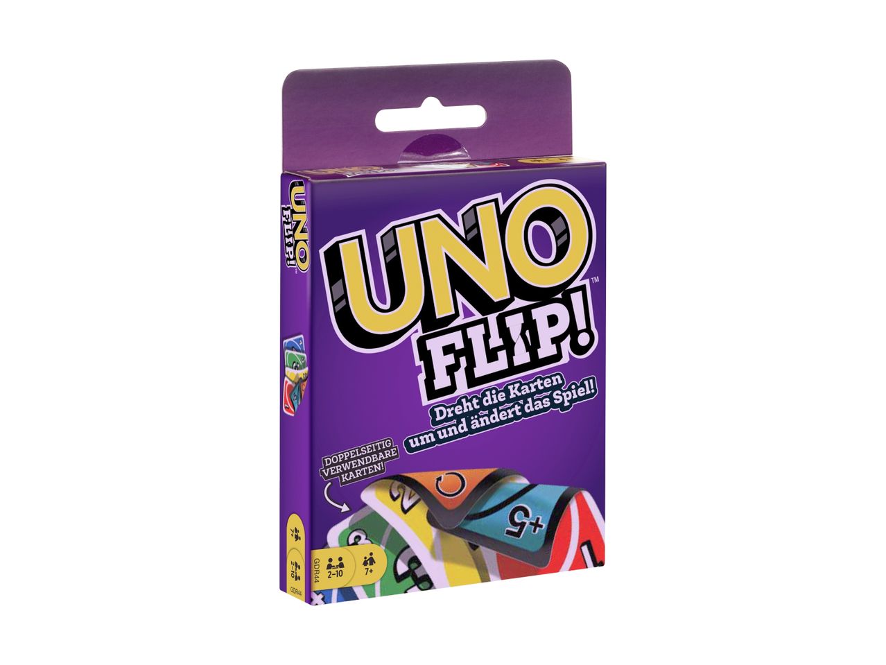 A purple card game box with 'UNO FLIP!' and text about double-sided cards.