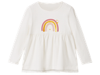 Бяла детска блуза с дълъг ръкав и щампа на дъга със златни сърца.