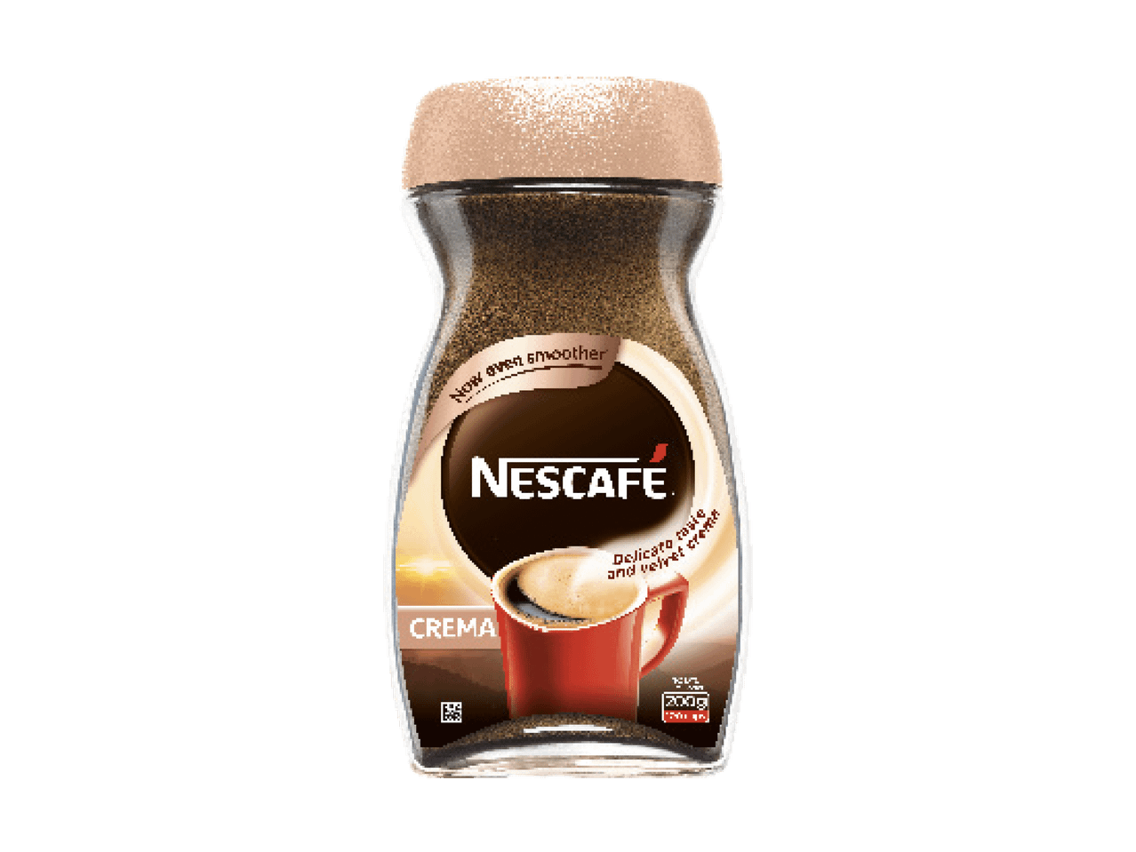 Nescafe Crema kohvipurk, millel on kiri 'Now even smoother' ja 'Delicate taste and velvet crema'.