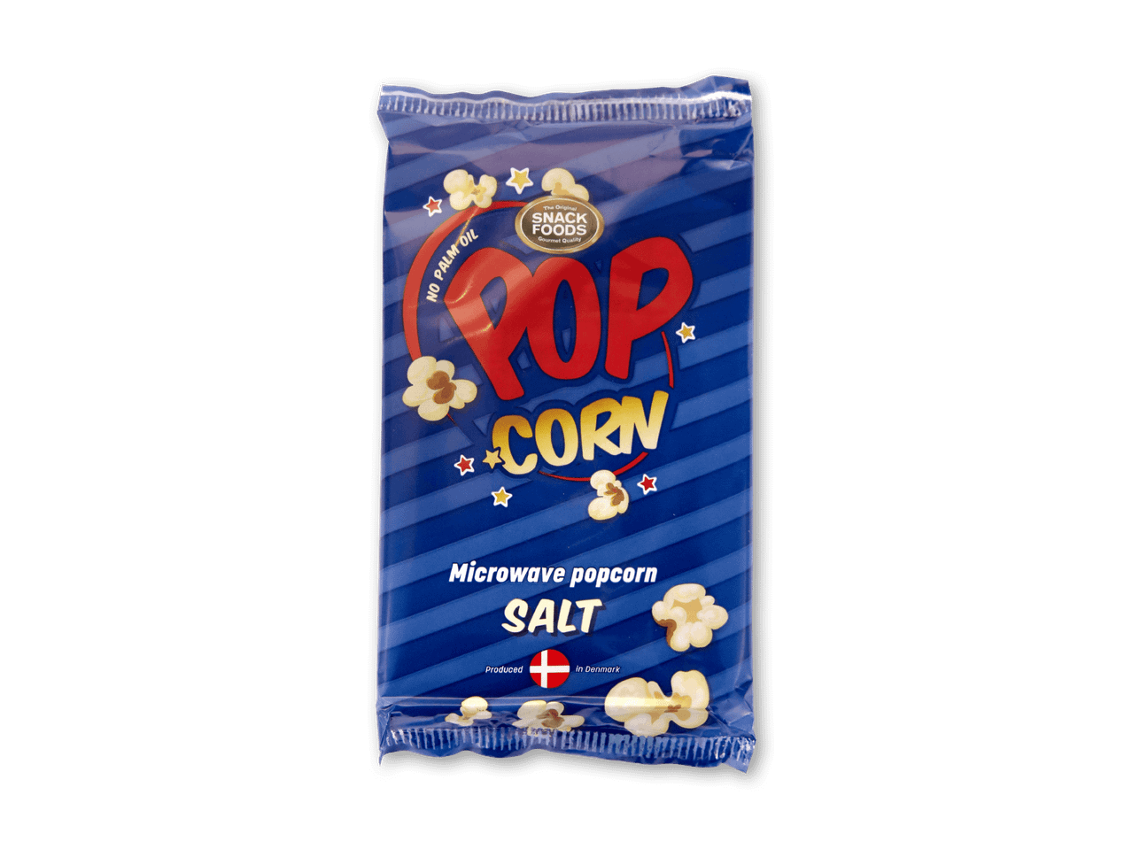 Blå pose mikrobølgepopcorn med teksten 'POP CORN' og 'SALT', produceret i Danmark.