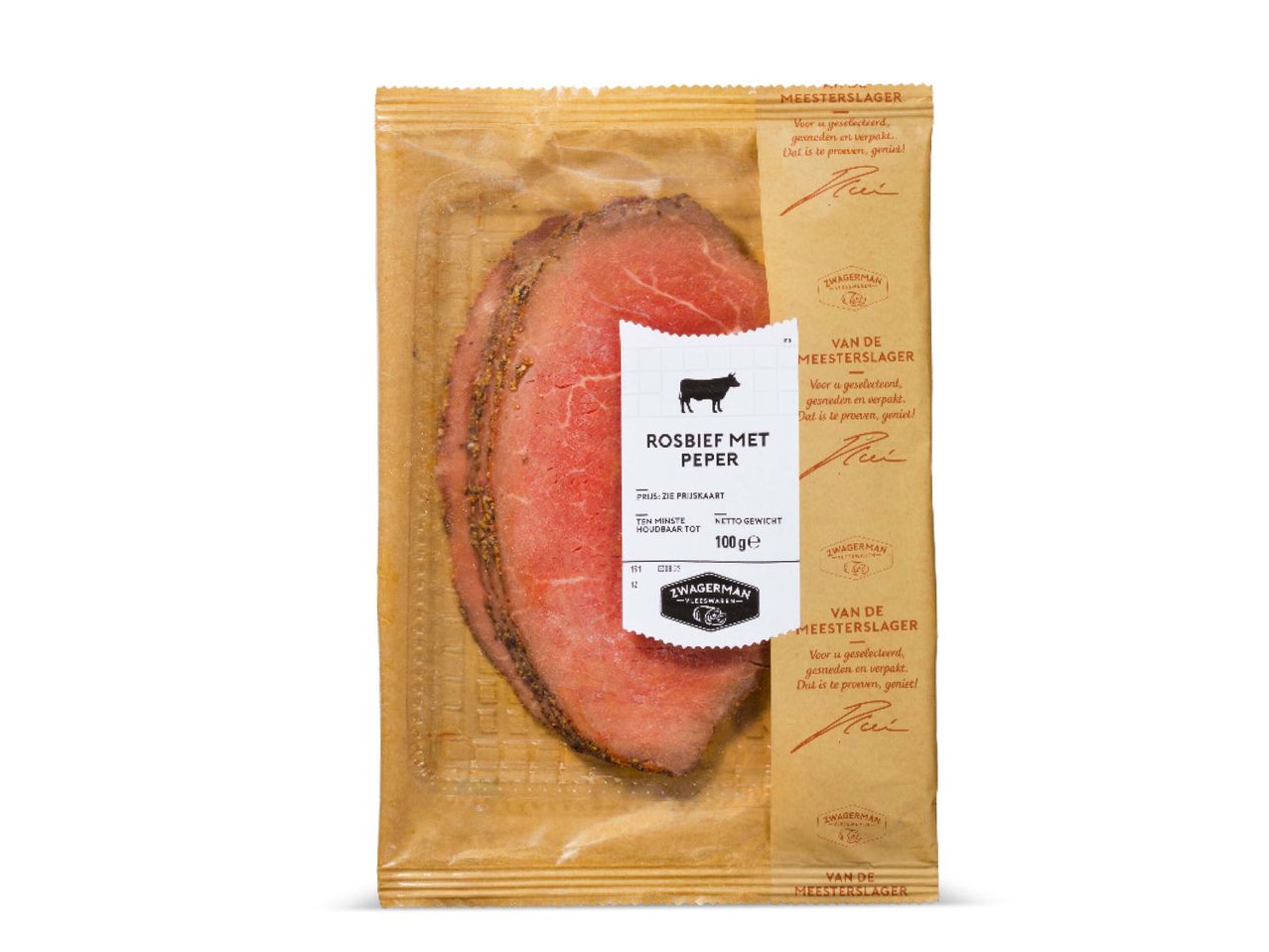 Zwagerman rosbief met peper: gesneden vlees in verpakking.