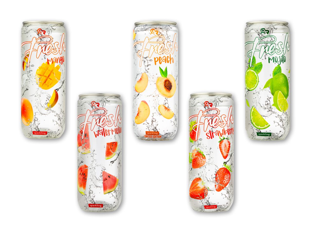 Fem dåser med mousserende frugtdrikke: mango, fersken, vandmelon, jordbær og mojito.